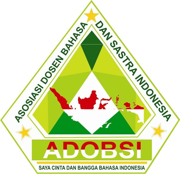 Logo kecil ADOBSI untuk bagian footer dengan ikon buku dan pena silang berwarna putih